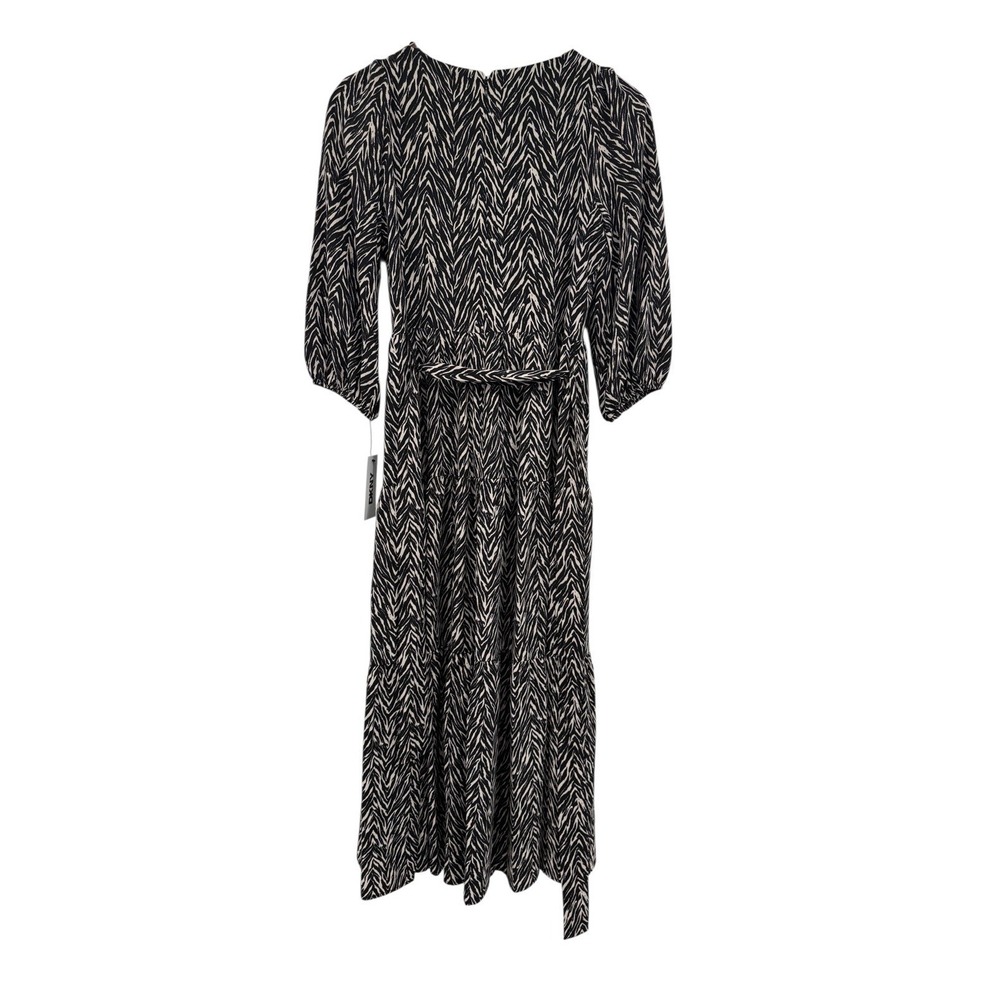DKNY Zebra Print Midi Dress 6P Petite NWT Belted Black Ivory 3/4 Sleeve Stretch - Picture 1 of 11